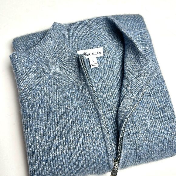 Peter Millar Crown Cashmere Linen Blend Sweater 1/4 Zip Rib Knit Blue size L - Picture 3 of 14
